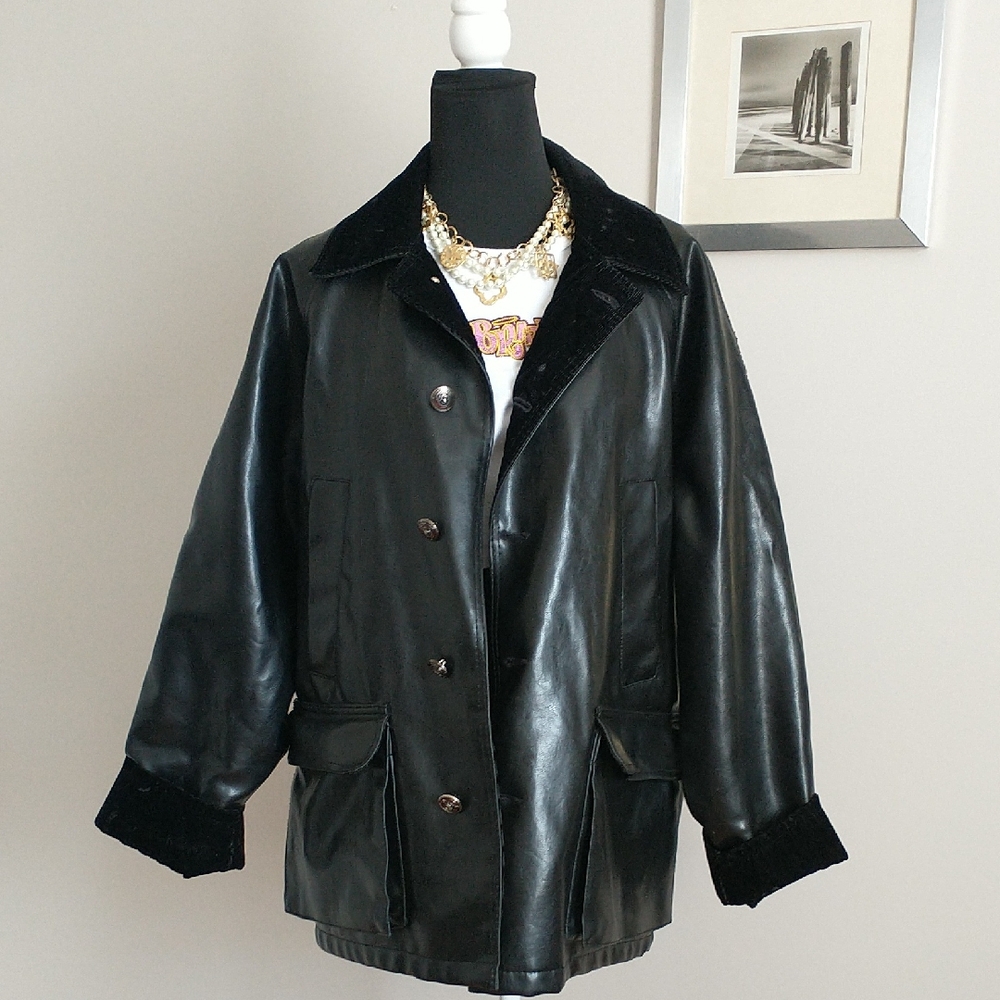 FULL STOP Men's/Women's Black Faux Leather Jacket with Corduroy Accents.